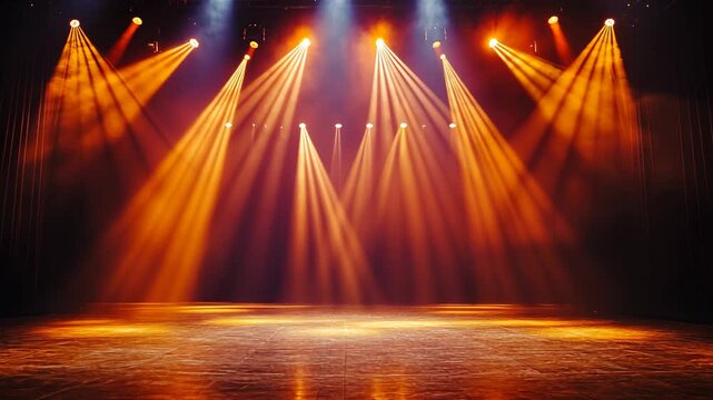 A stage bathed in warm, orange spotlights, ready for a performance