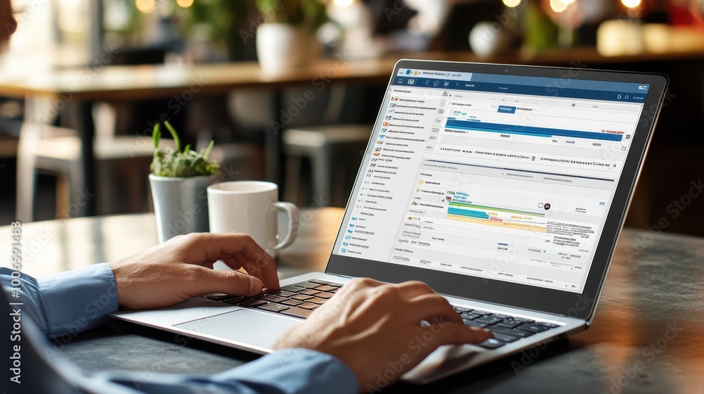 Poster businessman analyzing data on project management software using laptop in cafe