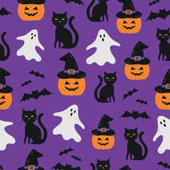 Cute halloween seamless pattern background. Pumpkin with witch hat, black cat, ghost and bats on purple background. 
