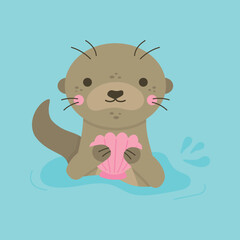 Cute otter holding seashell in paws vector illustration. Otter animal character peaking out of water, isolated on blue background.