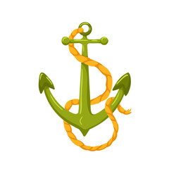 Green anchor with a rope around it. Simple cartoon vector hand drawn illustration. Isolated marine icon on white background © Ekaterina Sumanosova