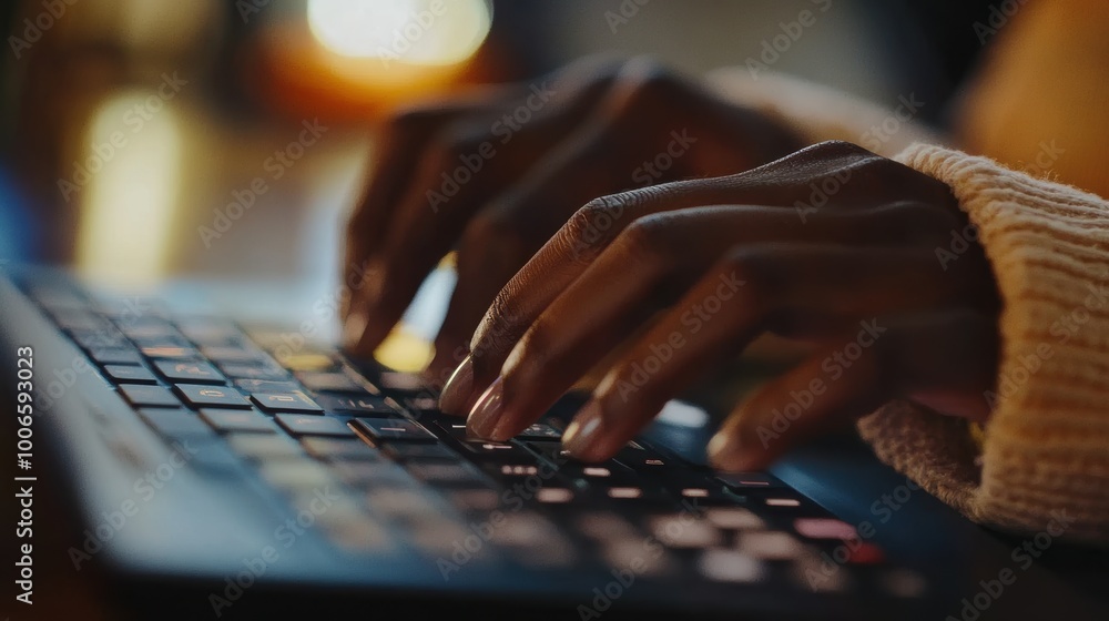 Poster programmer writing code on laptop keyboard at night
