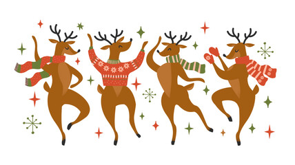 Cute deers in 1950s retro style. Vintage Christmas deer postcard, invitation template. Mid Century Modern Holiday Design. Bold vector design elements 60-70s