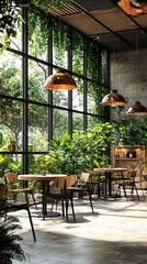 Naklejka premium A beautifully designed cafe with lush greenery, inviting natural light, and modern decor, perfect for relaxation and socializing.
