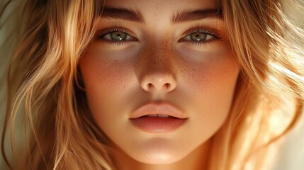 Naklejka premium Close up photo of a beautiful woman with blonde hair, high cheekbones and glossy lips