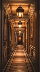 Fototapeta premium A beautifully lit corridor featuring elegant lamps and classic decor. Perfect for invoking a sense of luxury and sophistication.