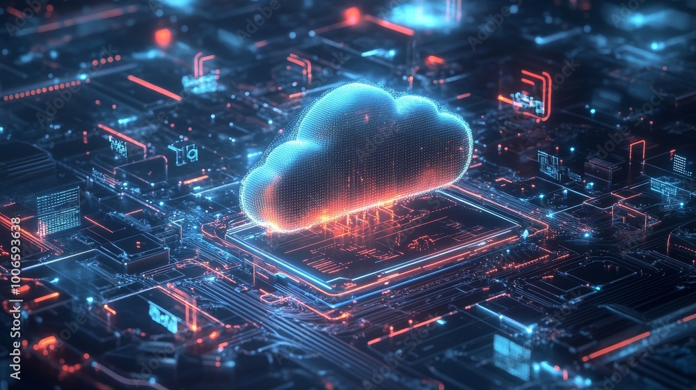 Aufkleber a futuristic depiction of a cloud hovering over a circuit board, representing data technology and mo