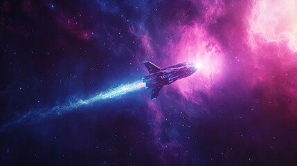Obraz premium A futuristic spaceship soaring through a nebula, leaving a trail of light in its wake.