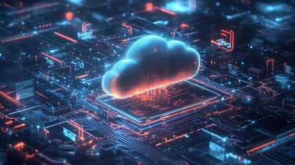 A futuristic depiction of a cloud hovering over a circuit board, representing data technology and modern connectivity.