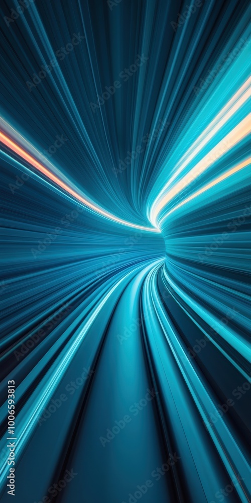 Poster Dynamic abstract light trails creating a mesmerizing blue tunnel effect, perfect for tech backgrounds and futuristic design concepts.