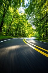 Obraz premium Dynamic view of a winding road through a lush green forest. Perfect for travel and nature-related projects.