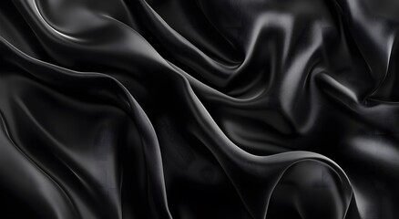 Fototapeta premium Black satin fabric, an elegant and luxurious background. Dark silk texture. Black cloth background. Black silk satin fabric with waves of soft folds
