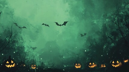 Glowing jack-o'-lanterns in a spooky forest with bats flying overhead.