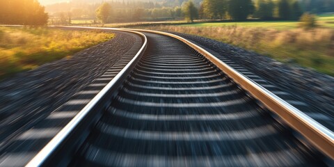 Fototapeta premium Curved railway track vanish into the distance in vibrant sunrise, framed by grassy countryside, representing travel, adventure, and journey.