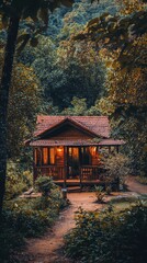 A charming cabin nestled in a lush forest, illuminated by warm lights as dusk settles, offering a cozy retreat in nature.