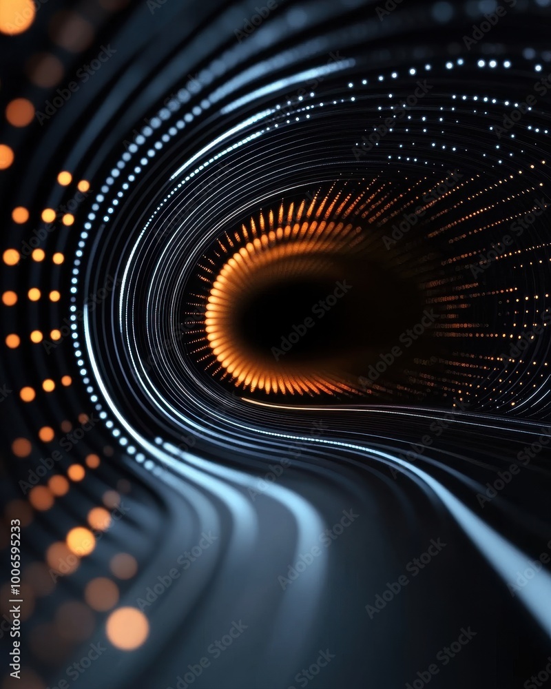 Poster abstract futuristic tunnel with glowing lights, curved lines creating a dynamic sense of movement an