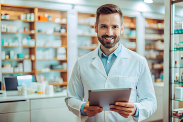 Fototapeta premium Portrait of a male pharmacist in a drugstore against the background of shelves with various medicines, holding a tablet