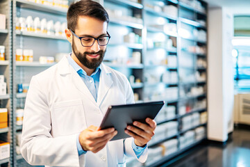 Portrait of a male pharmacist in a drugstore against the background of shelves with various medicines, holding a tablet