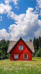 Obraz premium A charming red house stands in a vibrant green field under a beautiful blue sky dotted with fluffy white clouds.