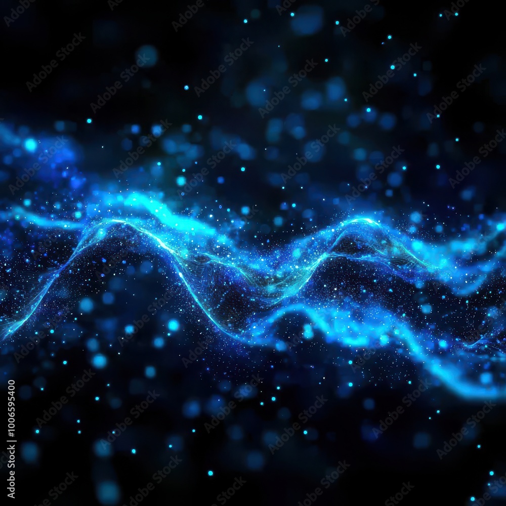 Poster abstract blue wave pattern on a dark background, depicting light trails and dynamic, glowing particl