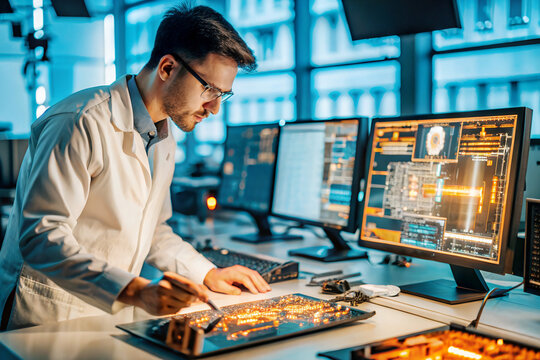Engineer technologist, scientist in safety glasses works on electronic board in modern laboratory with microcircuits. Microcircuit and semiconductor manufacturing