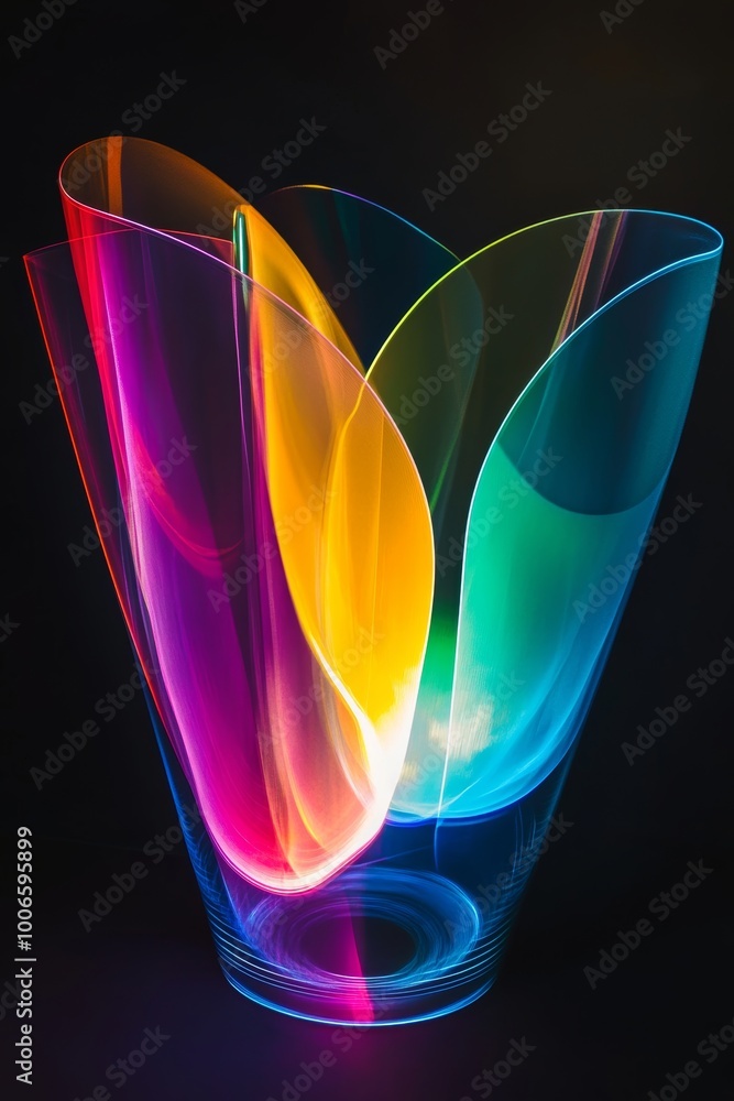 Poster a mesmerizing abstract sculpture of light with overlapping colorful translucent shapes forming a dyn