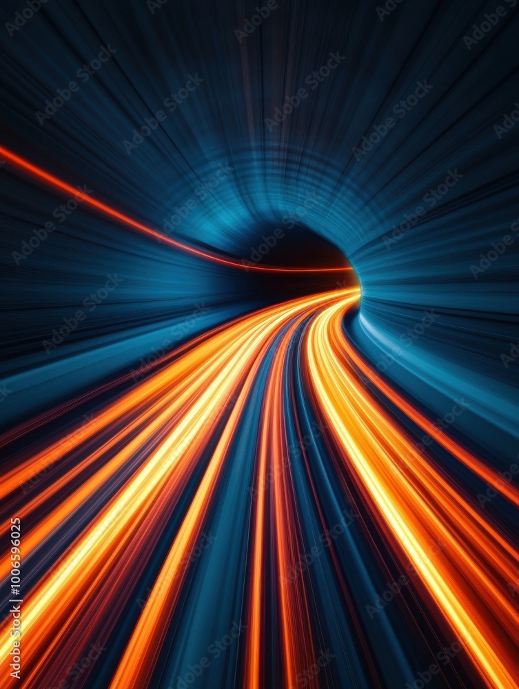 Poster dynamic long-exposure tunnel with vibrant light trails in orange and blue, creating a sense of speed