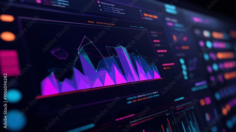 Poster a digital interface showcases futuristic data analysis with colorful glowing charts and graphs in bl