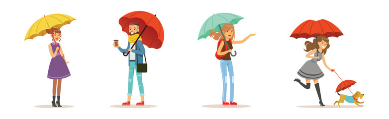 People Character with Umbrella Walk in Rainy Day Vector Set