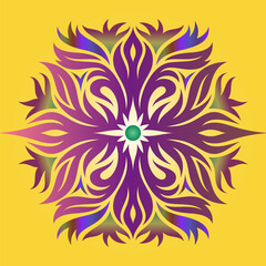 A Colorful mandala pattern featuring a symmetrical star-shaped design with a mesmerizing multicolor.  A Kaleidoscope of Colors. Multifaceted decorative Multi Color rangoli design. Yellow background.