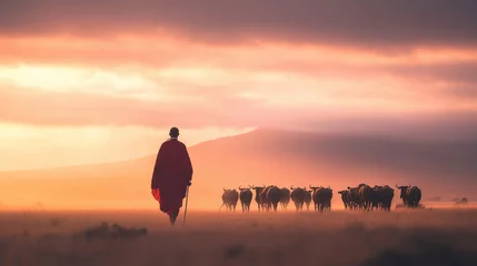 Gardinen African Maasai warrior tending to cattle in the vast savannah landscape photo © forenna