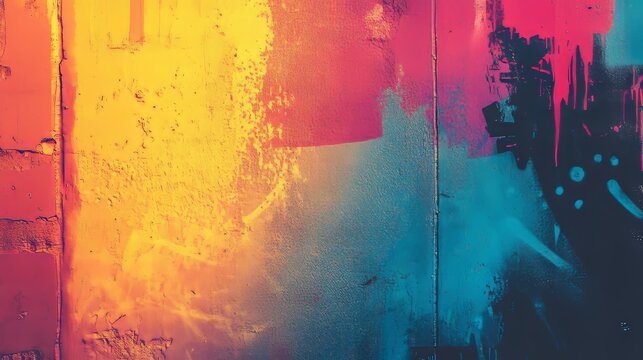 Fototapeta A vibrant graffiti artwork featuring a blend of bright golden, blue, and pink hues on a textured concrete surface.