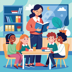 A Teacher Holding a Book, Explaining a Lesson to a Group of Attentive Students Seated at Desks. Vector art Illustraion 