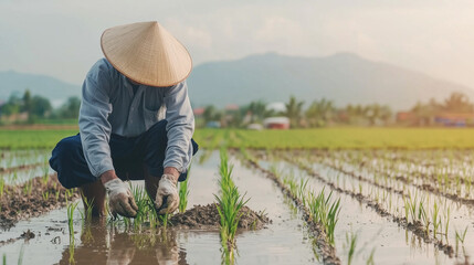 Vietnamese rice farmer planting seedlings in flooded paddies under a wide hat photo