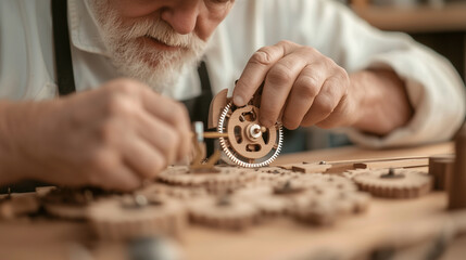 German clockmaker carefully assembling gears in a wooden cuckoo clock photo