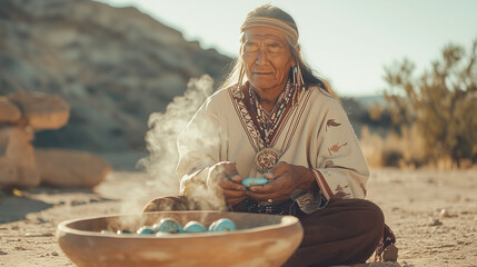 Native American silversmith handcrafting turquoise jewelry in a desert setting photo