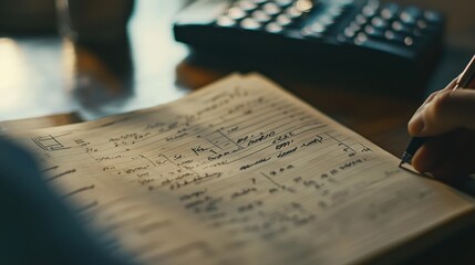 Businessman analyzing financial report and taking notes in notebook