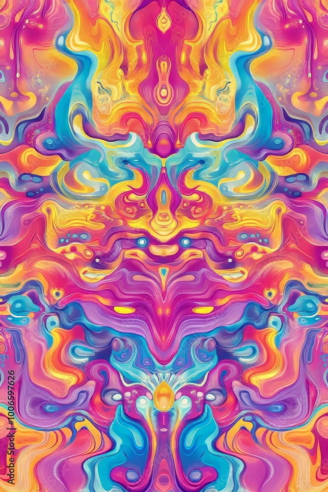 Poster colorful psychedelic design displaying swirling patterns with vibrant hues and a kaleidoscopic, mesm