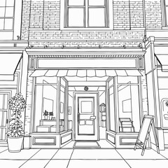 A brick building with a large window display and a shop sign on the front