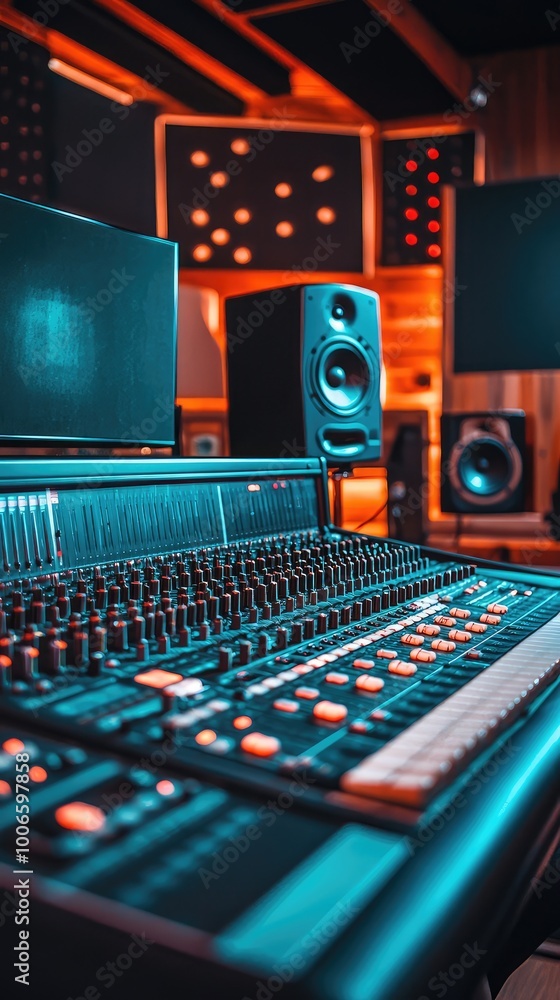 Poster a close-up shot of a professional audio mixing console in a recording studio. the console is lit by 