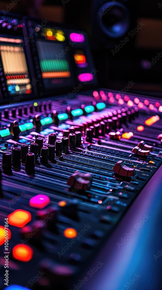 Poster a close-up view of a modern audio mixing console with colorful lights and knobs, perfect for music p