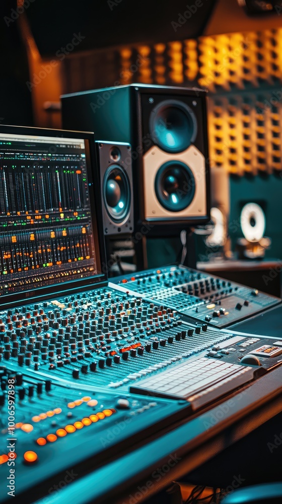 Poster a close-up view of a modern audio mixing console with speakers in a professional studio setting, sho