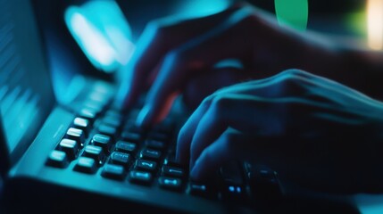 Programmer writing code on laptop keyboard in blue light