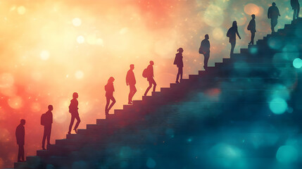 3D Silhouettes of Climbers on Steps with Bokeh Background: Abstract Symbol of Growth and Progress for Motivational Business Ads