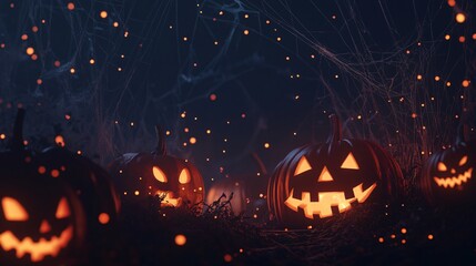 Glowing jack-o'-lanterns with spooky spiderwebs and glowing lights.
