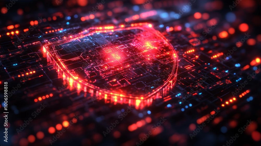 Poster a digital shield with glowing red and blue elements representing advanced security in a futuristic d