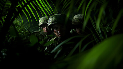 Obraz premium A stealthy special forces unit, emerging from the shadows of a jungle at night, their camouflaged faces barely visible as they prepare for a night raid. Special forces preparing for a night jungle rai