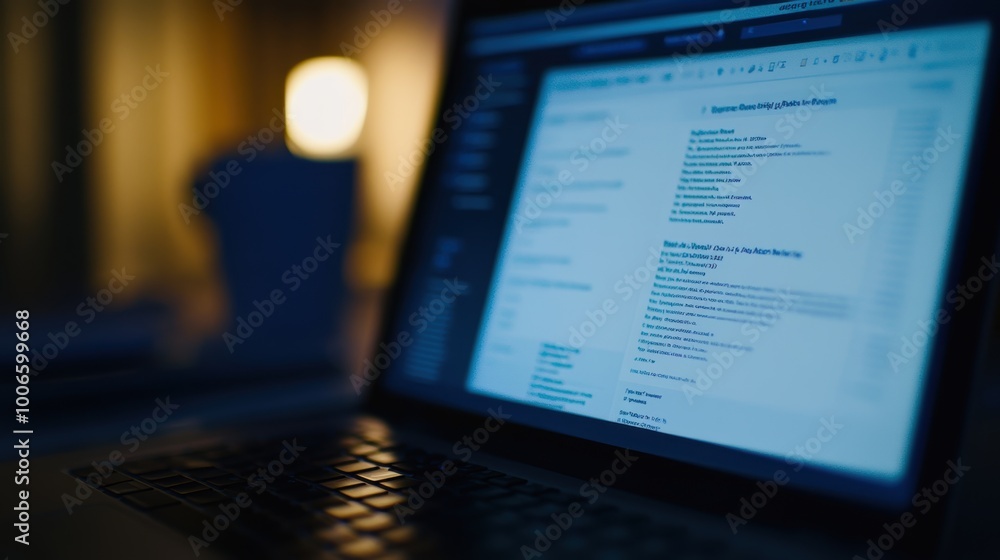 Poster open laptop displaying lines of code in dark room