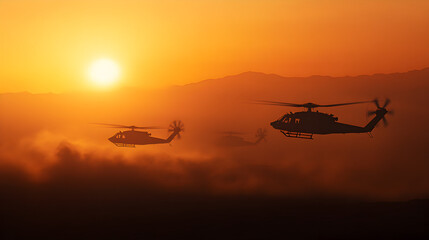 A tactical helicopter squadron, flying low over a desert at sunset, their rotors kicking up dust as they move towards a distant battlefield. Helicopter squadron flying at sunset.


