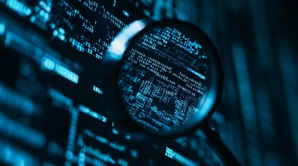 A magnifying glass over digital code symbolizes exploring cyber technology and information in a digital landscape.